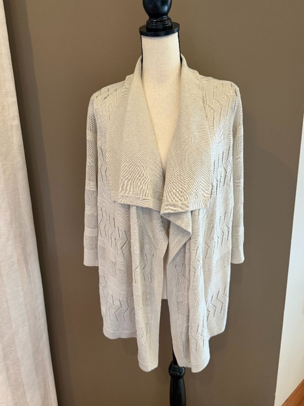 FYLO Tan with metallic thread open-front waterfall knit drape cardigan, Size Med